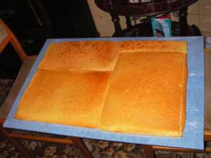 Ich habe 3 Blechkuchen gebacken und schneide sie entsprechend der Fondantgröße zu.